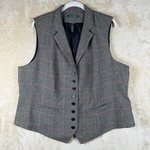 Lauren Ralph Lauren Women 16 Glen Plaid Wool Blend Vest Grey Red Notched Lapel